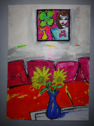 rotes sofa mit helianthus annuus L. | gouache,tempera | 13X18 cm